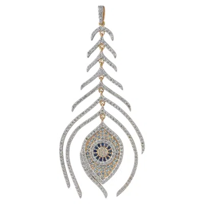 Pre-owned 1stdibs Pave Diamond Solid 14k Gold Peacock Feather Wing Pendant Evil Eye Sapphire Charm In Blue