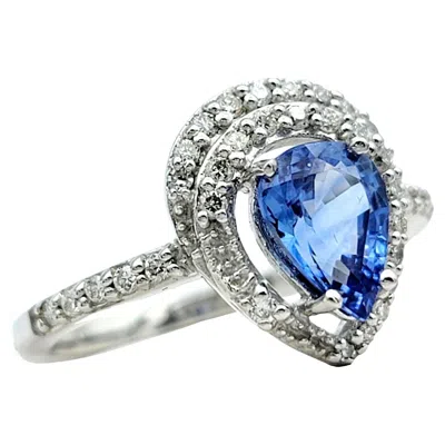 Pre-owned 1stdibs Pear Cut Blue Ceylon Sapphire And Diamond Halo Ring In 18 Karat White Gold