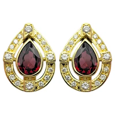 Pre-owned 1stdibs Pear Cut Garnet And Diamond Halo Teardrop Stud Earrings In 18 Karat Yellow Gold