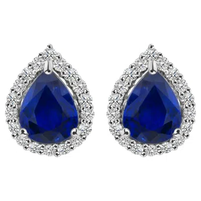 Pre-owned 1stdibs Pear Shape Blue Sapphire Gemstone Diamond Halo Earrings In 18k White Gold
