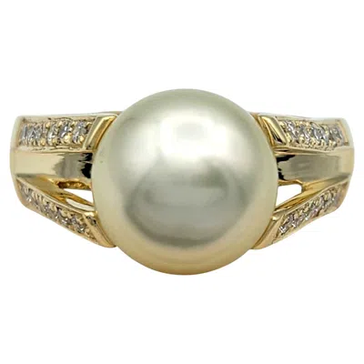 Pre-owned 1stdibs Pearl And Pavé Diamond Split Shank Cocktail Ring In 14 Karat Yellow Gold