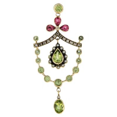 Pre-owned 1stdibs Peridot Pink Tourmaline Pearl Diamond Lavaliere Pendant In 9k Yellow Gold