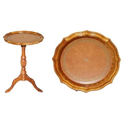 Pre-owned 1stdibs Pie Crust Edge Brown Leather Gold Leaf Tooled Tripod Side End Lamp Wine Table