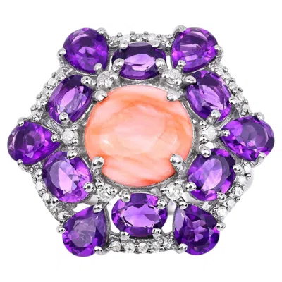 Pre-owned 1stdibs Pink Coral Ring With Amethyst 6.08 Carats Sterling Silver In Red