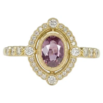 Pre-owned 1stdibs Pink Sapphire Diamond Halo Cocktail Ring In 14k Yellow Gold