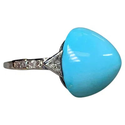 Pre-owned 1stdibs Platinum Art Deco High Top Cabochon Turquoise Trilliant French Cut Diamond Ring In Multi