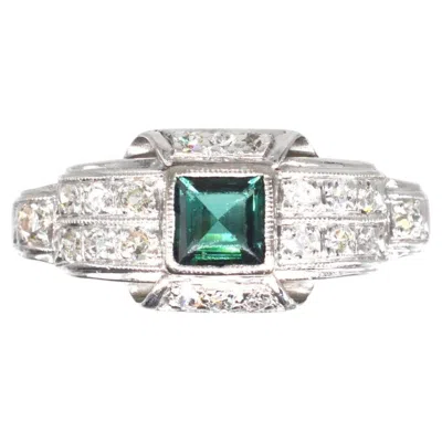 Pre-owned 1stdibs Platinum, Green Sapphire & Diamond Ring, Mid Century