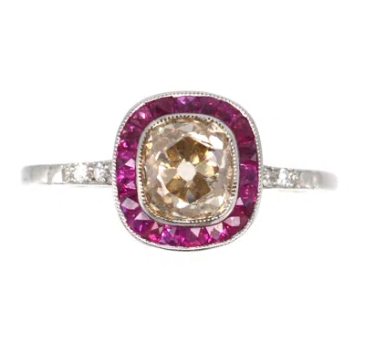 Pre-owned 1stdibs Platinum Old Mine Diamond & Ruby Target Ring, American Art Deco In Multi