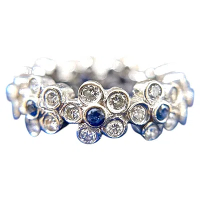 Pre-owned 1stdibs Platinum Sapphire & Diamond Flower Eternity Band Size 6.5 In Blue