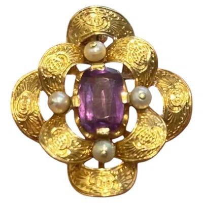 Pre-owned 1stdibs Portuguese 19.2 Karat Gold Amethyst And Pearl Floral Brooch Pin In Purple