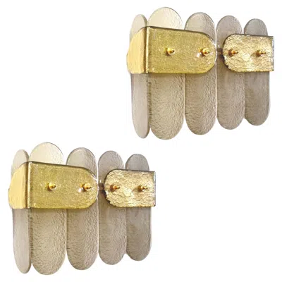 Pre-owned 1stdibs Post Modern Organic Italian Pair Geometric Beige Murano Glass Gold Leaf Sconces In Brown