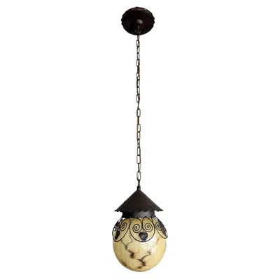 Pre-owned 1stdibs Rare Arts And Crafts Wrought Iron Pendant With Marbled Crackle Glass, 1920s In Sand