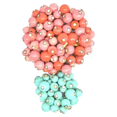 Pre-owned 1stdibs Rare Gripoix Brooch With Coral And Blue Turquoise Glass Paste And Rhinestones In Red