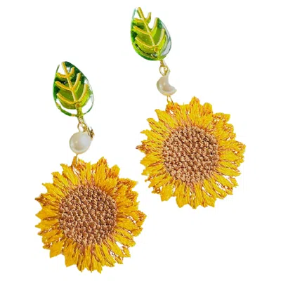 Pre-owned 1stdibs Rare White Pearl Vivid Yellow Sunflower Flower Green Leaf Clip Drop Earrings