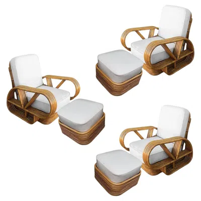 Pre-owned 1stdibs Restored Rattan Five-strand "victory Speed" Arm Loungechair W/ Ottoman, Set Of 3 In Sand