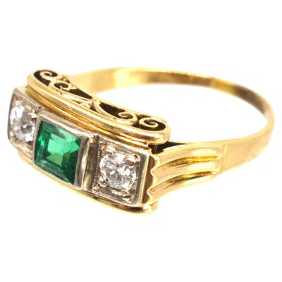 Pre-owned 1stdibs Retro 14ct Gold Emerald And Diamond Ring With Scrollwork Gallery In Green