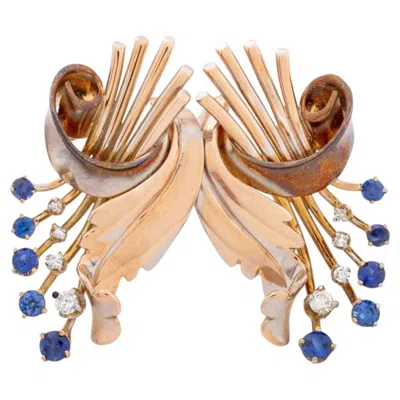 Pre-owned 1stdibs Retro 14k Two-tone Gold And Sapphire Diamond Brooch In Blue