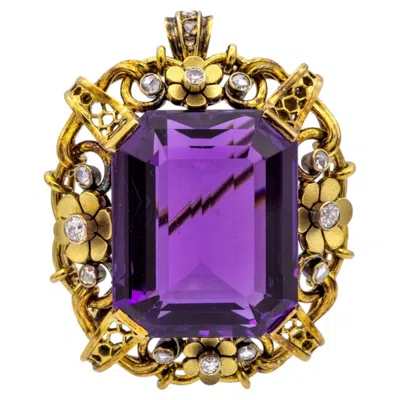 Pre-owned 1stdibs Retro 14k Yellow Gold Large Amethyst & Diamond Pendant Brooch C.1940s