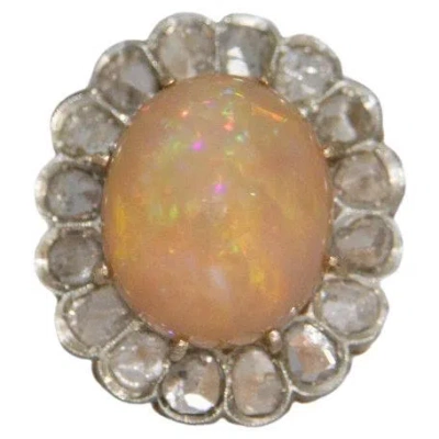 Pre-owned 1stdibs Retro 18k Yellow Gold Daisy Ring With 10ct Ethiopian Opal, Antique Cut Diamond