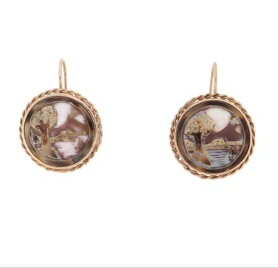 Pre-owned 1stdibs Retro 9k Yellow Gold Cameo Drop Earrings, Naples Vulcano Vesuvius Design
