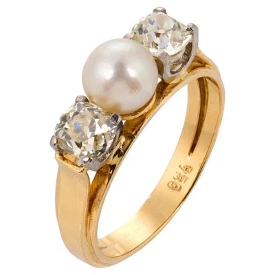 Pre-owned 1stdibs Retro Pearl Old Mine Cut Diamond 18k Two Tone Three Stone Ring In Multi