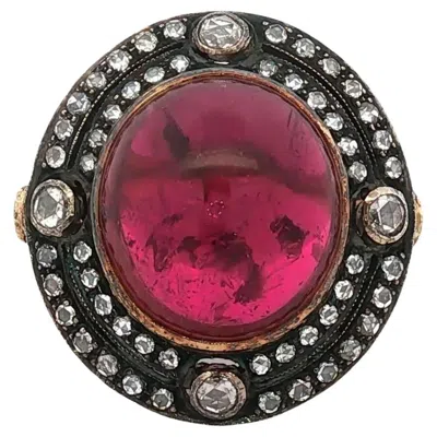 Pre-owned 1stdibs Retro Rubellite Tourmaline Diamond 18 Karat Yellow Gold Cocktail Ring Vintage