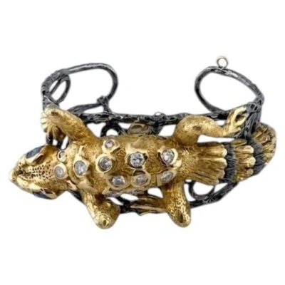Pre-owned 1stdibs Retro Sculptured Gecko Diamond Sapphire 18 Kt Rare Bangle In Blue