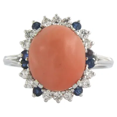 Pre-owned 1stdibs Ring With Coral, Sapphire And Brilliant Cut Diamonds Up To 0.40ct 18k Gold In Blue