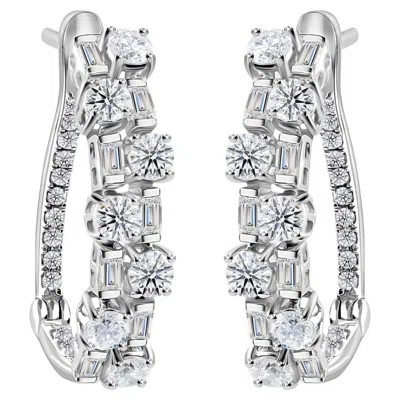 Pre-owned 1stdibs Round And Baguette 1.34 Carat Diamond Hoop Earrings Handmade 18k White Gold