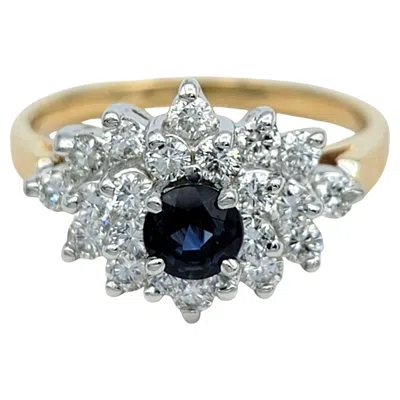 Pre-owned 1stdibs Round Cut Blue Sapphire And Diamond Cluster Ring In Two-tone 14 Karat Gold