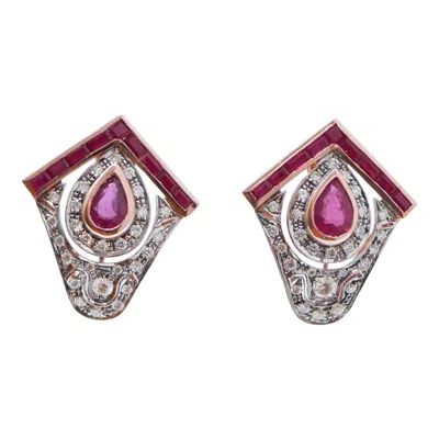 Pre-owned 1stdibs Rubies, Diamonds, Rose Gold And Silver Earrings. In Red