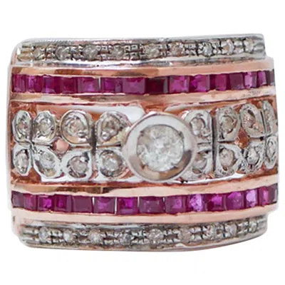 Pre-owned 1stdibs Rubies, Diamonds, Rose Gold And Silver Ring. In Red
