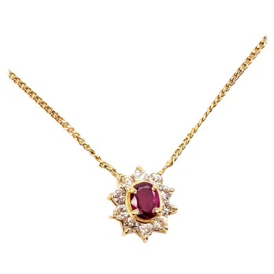 Pre-owned 1stdibs Ruby & Diamond Halo Necklace In 18k Yellow Gold