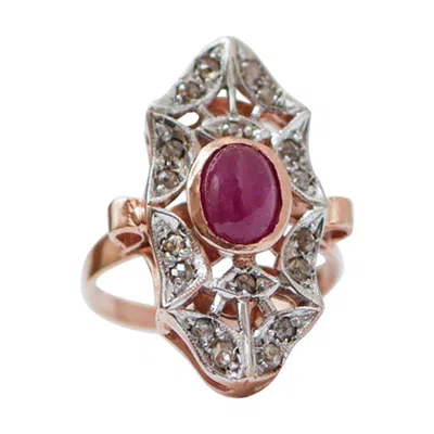 Pre-owned 1stdibs Ruby, Diamonds, Rose Gold And Silver Ring. In Red