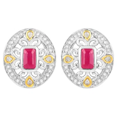 Pre-owned 1stdibs Ruby Earrings Halo Diamonds 0.7 Carats 18k Yellow Gold Plated Silver