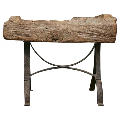 Pre-owned 1stdibs Rustic Mid-century Wooden Trough Accent Table On Custom Iron Base In Brown