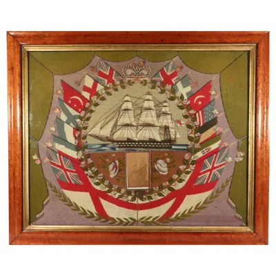 Pre-owned 1stdibs Sailor's Woolwork Picture, Royal Navy Ship & Flags Of All Nations, Circa 1875 In Blue