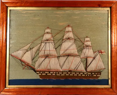 Pre-owned 1stdibs Sailor's Woolwork Picture, Royal Navy Ship, Padded Trapunto Sails, Circa 1865 In Blue