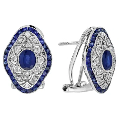 Pre-owned 1stdibs Sapphire And Diamond Omega Earrings Art Deco Style Filigree 14k White Gold