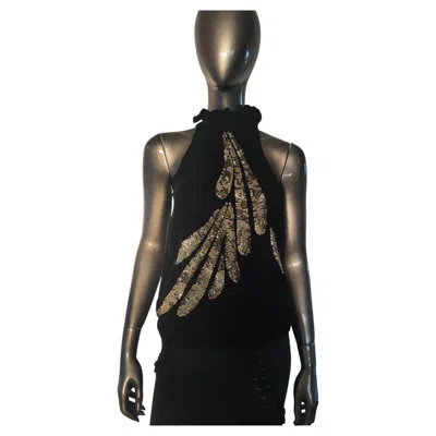 Pre-owned 1stdibs Sass & Bide Velvet Silk Gold Sequin Embellished Leaf Sleeveless Blouse In Black