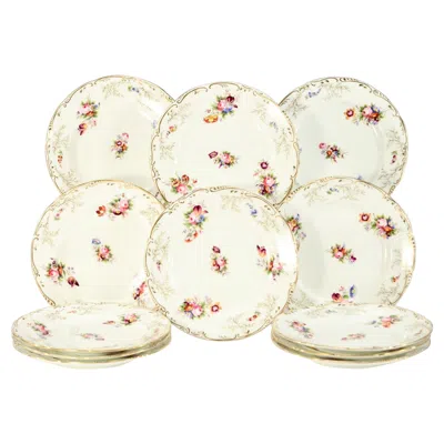 Pre-owned 1stdibs Set 12 19th C Dessert Plates Hand Painted Polychrome Enamel Flowers Gilt Trim In Sand