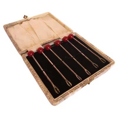 Pre-owned 1stdibs Set 6 Cased Cherry Cocktail Sticks 1930s In Silver