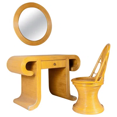 Pre-owned 1stdibs Set Of Console Table Mirror And Rattan Stool Mid-century 1970 In Orange