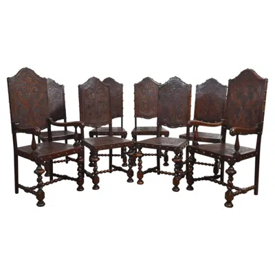 Pre-owned 1stdibs Set Of Eight Portuguese Embossed Leather And Walnut Dining Chairs In Brown
