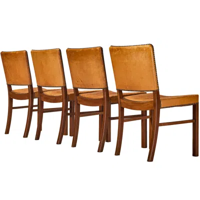 Pre-owned 1stdibs Set Of Four Dining Chairs In Original Patinated Cognac Leather And Teak In Brown