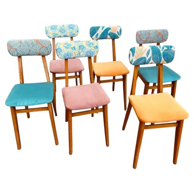 Pre-owned 1stdibs Set Of Six French Reupholstered Beech Dining Chairs, Floral And Velvet, 1960s In Brown