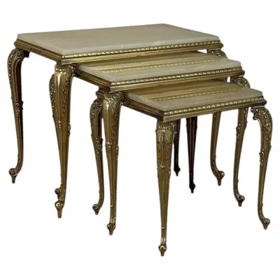 Pre-owned 1stdibs Set Of Three Mid-century French Louis Xv Style Brass And Onyx Nesting Tables In Black