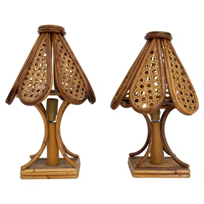 Pre-owned 1stdibs Set Of Two Rattan And Bamboo Bedside Lamps, Made In Italy, 1960s In Brown