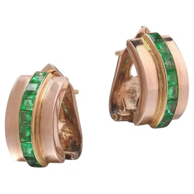 Pre-owned 1stdibs Signed Gazdar 15kt Gold Square-cut Emerald Clip And Post Earrings In Green