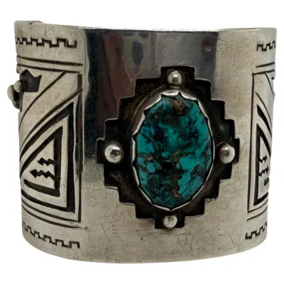Pre-owned 1stdibs Signed Native American Sterling Silver Turquoise Cuff Bracelet With Overlay In Multi